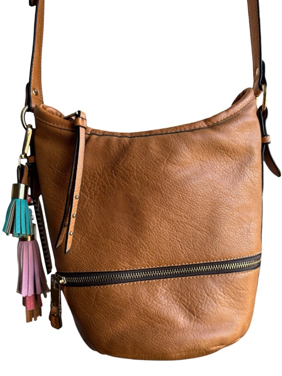 Aldo Handbags - Also Faux Leather Bucket Crossbody Bag Cognac Brown Boho Tassels Zip Top Cute!